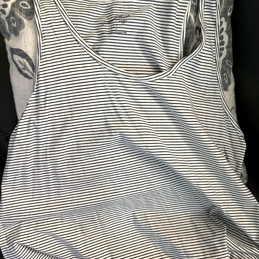 Sleeveless summer tee, dark blue and white striped worn maybe twice